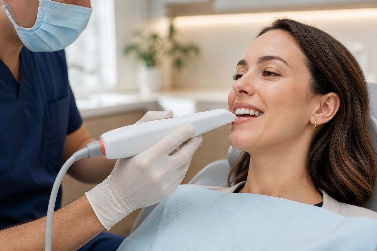 Clinician using a handheld intraoral scanner during a dental assessment