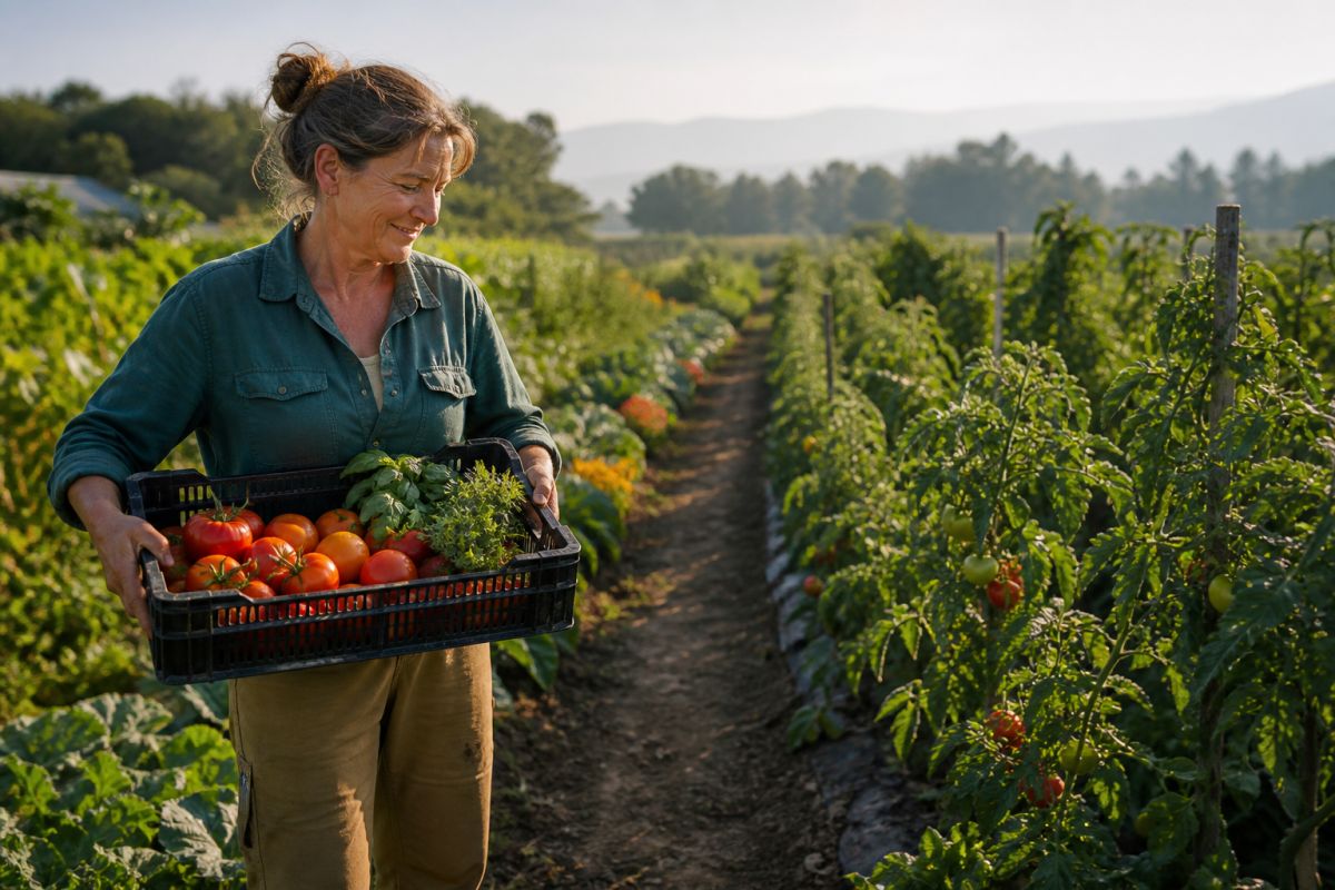 Vegetable grower carrying a crate of tomatoes and herbs through farm rows