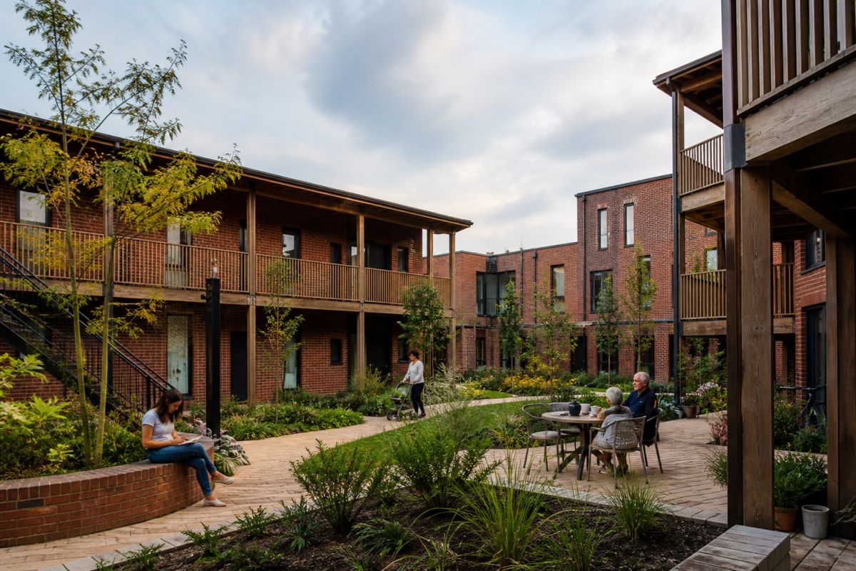 Brick and timber homes surrounding a planted communal courtyard