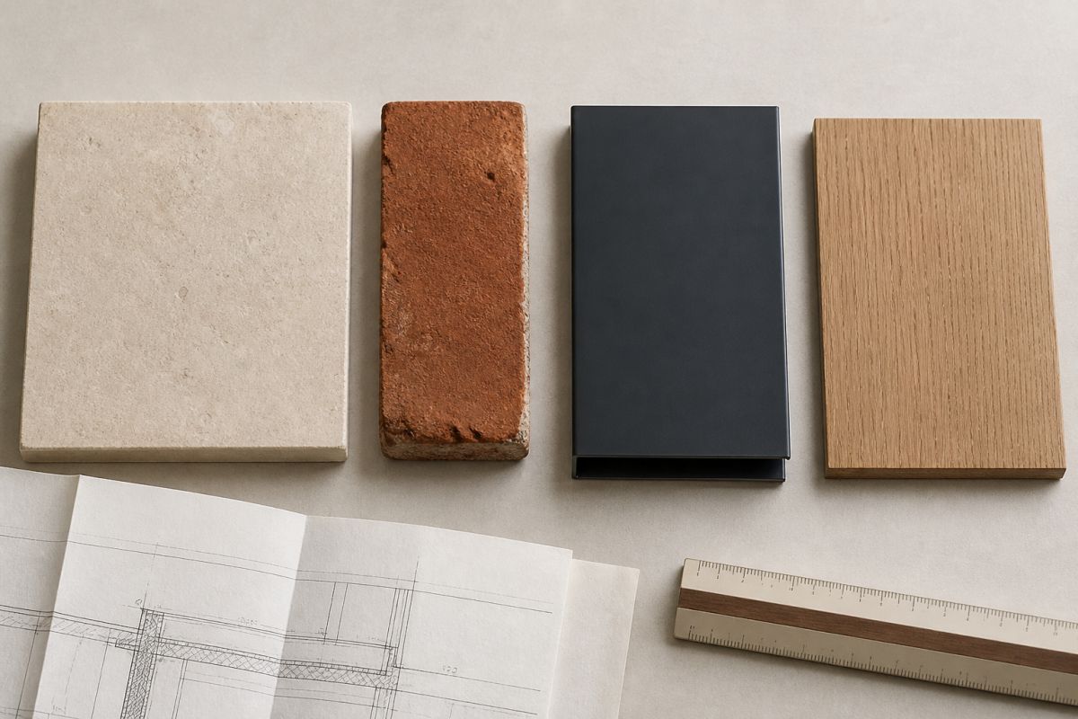 Limestone, brick, dark metal and oak samples beside architectural drawings